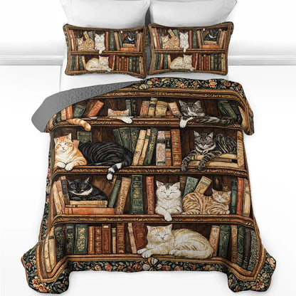Shineful Quilt 3-Piece Set Book Nook Cats Reading