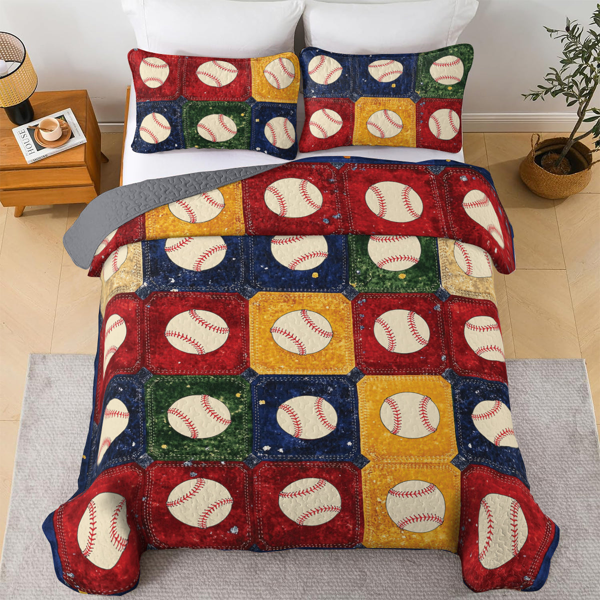 Shineful All Season Quilt 3-Piece Set Vintage Baseball Patchwork