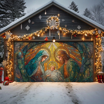 Shineful Garage Door Banner Decoration Holy Nativity Stained Glass