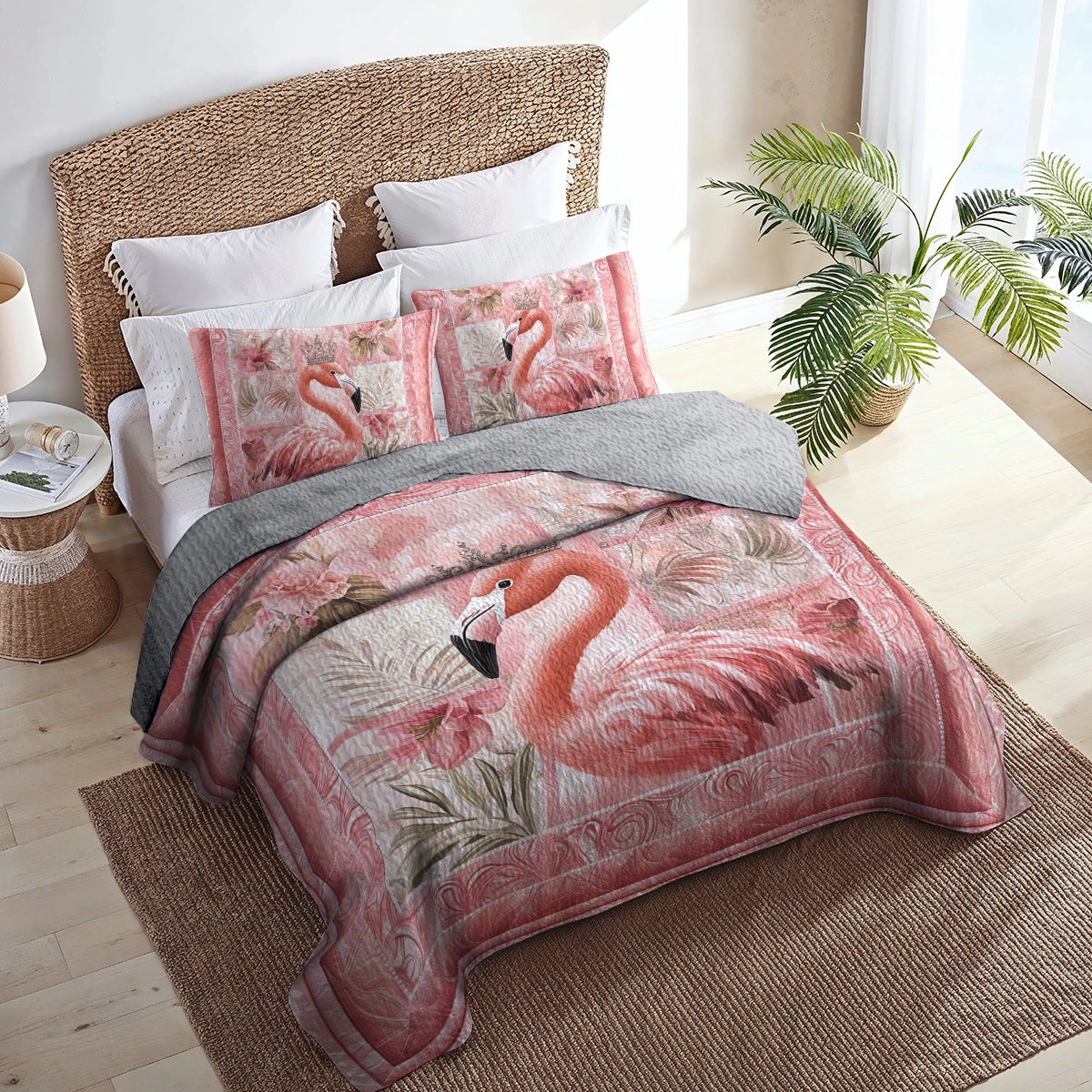 Shineful All Season Quilt 3-Piece Set Royal Flamingo Bliss