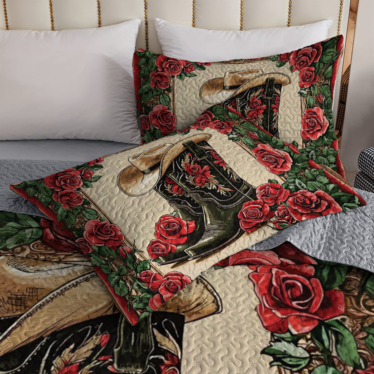 Shineful All Season Quilt 3-Piece Set Cowboy Boots And Roses