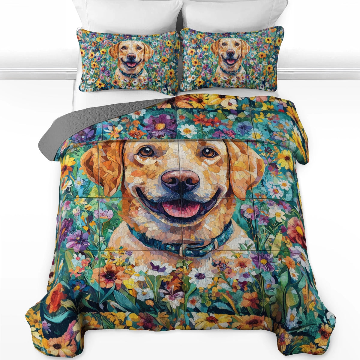 Shineful All Season Quilt 3-Piece Set - Floral Labrador Dream