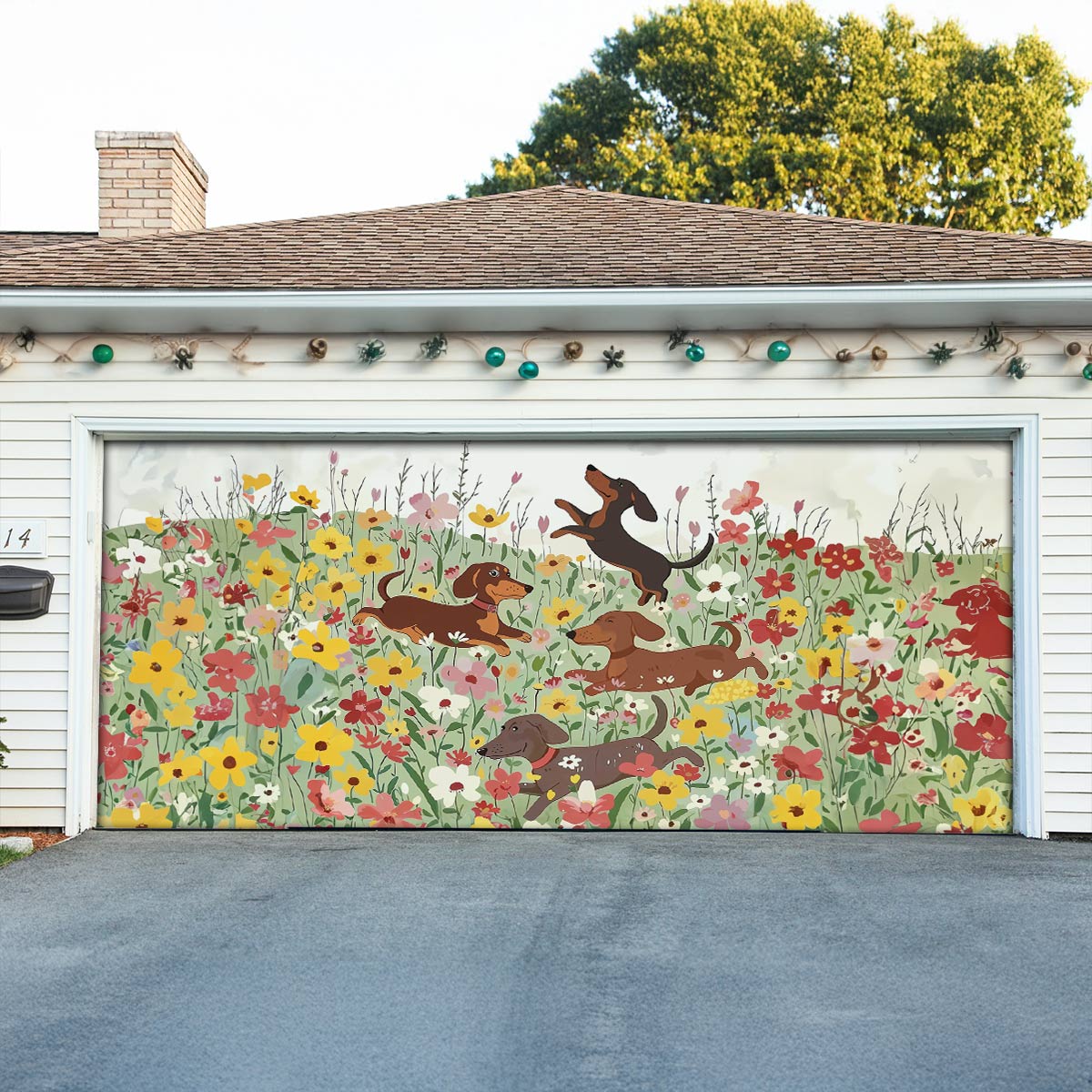 Shineful Garage Door Banner Decoration Dachshund In Flower Garden