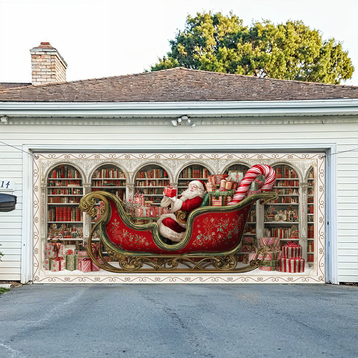 Shineful Garage Door Banner Decoration Santa Bookshelf
