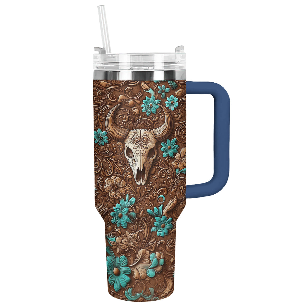 Shineful Tumbler Leather Tooling With Cow Skull Pattern
