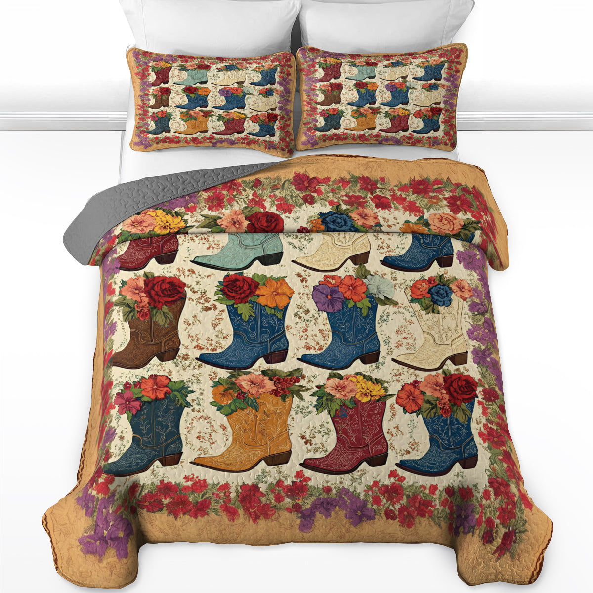 Shineful All Season Quilt 3-Piece Set Cowboy Boots And Flowers Pattern