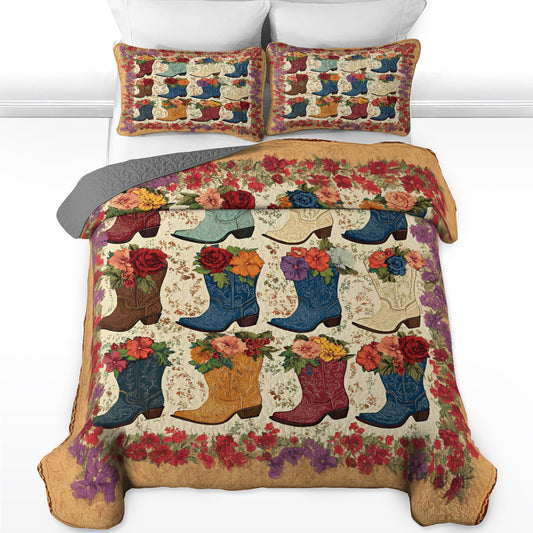 Shineful All Season Quilt 3-Piece Set Cowboy Boots And Flowers Pattern