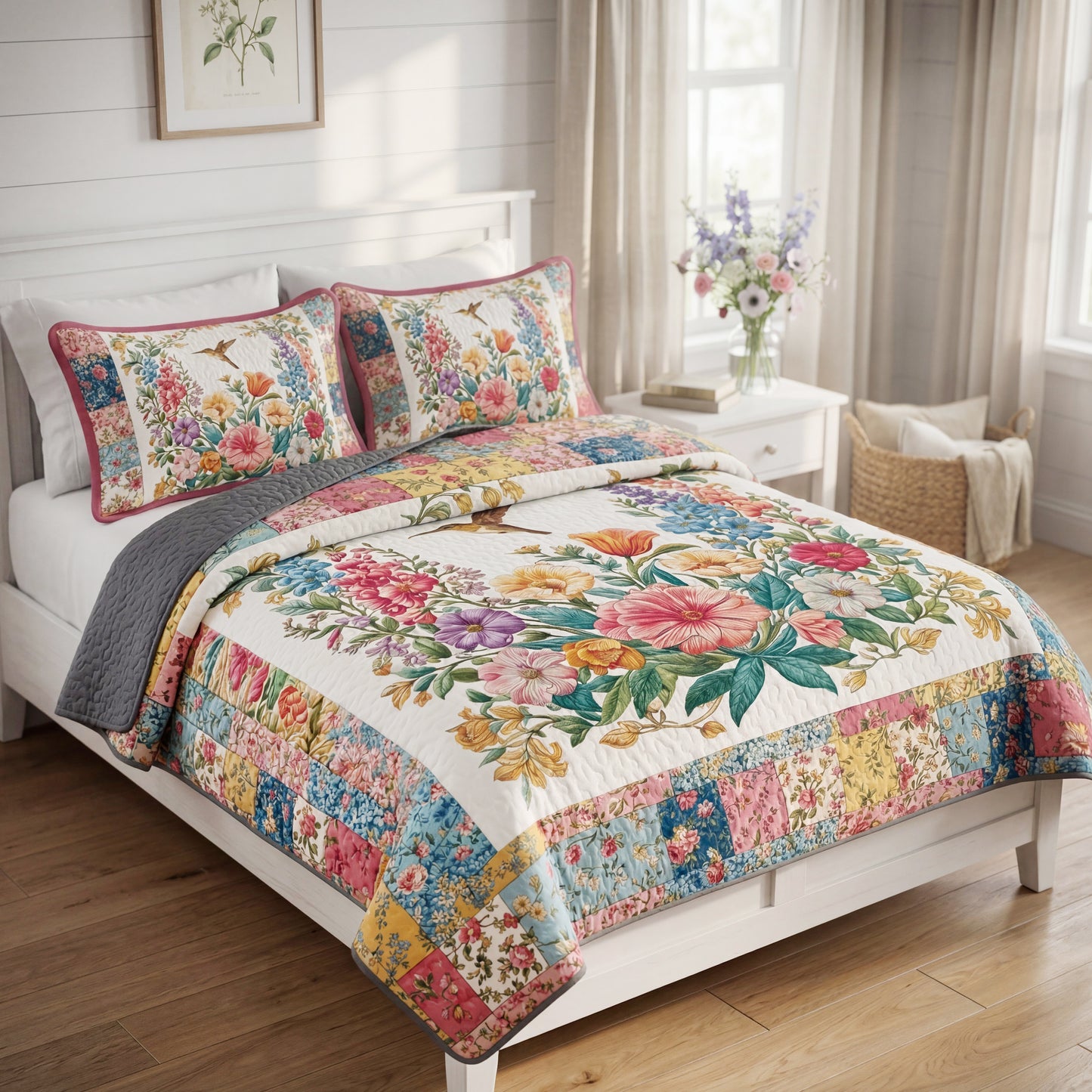 Shineful All Season Quilt 3-Piece Set Country Patchwork Hummingbird