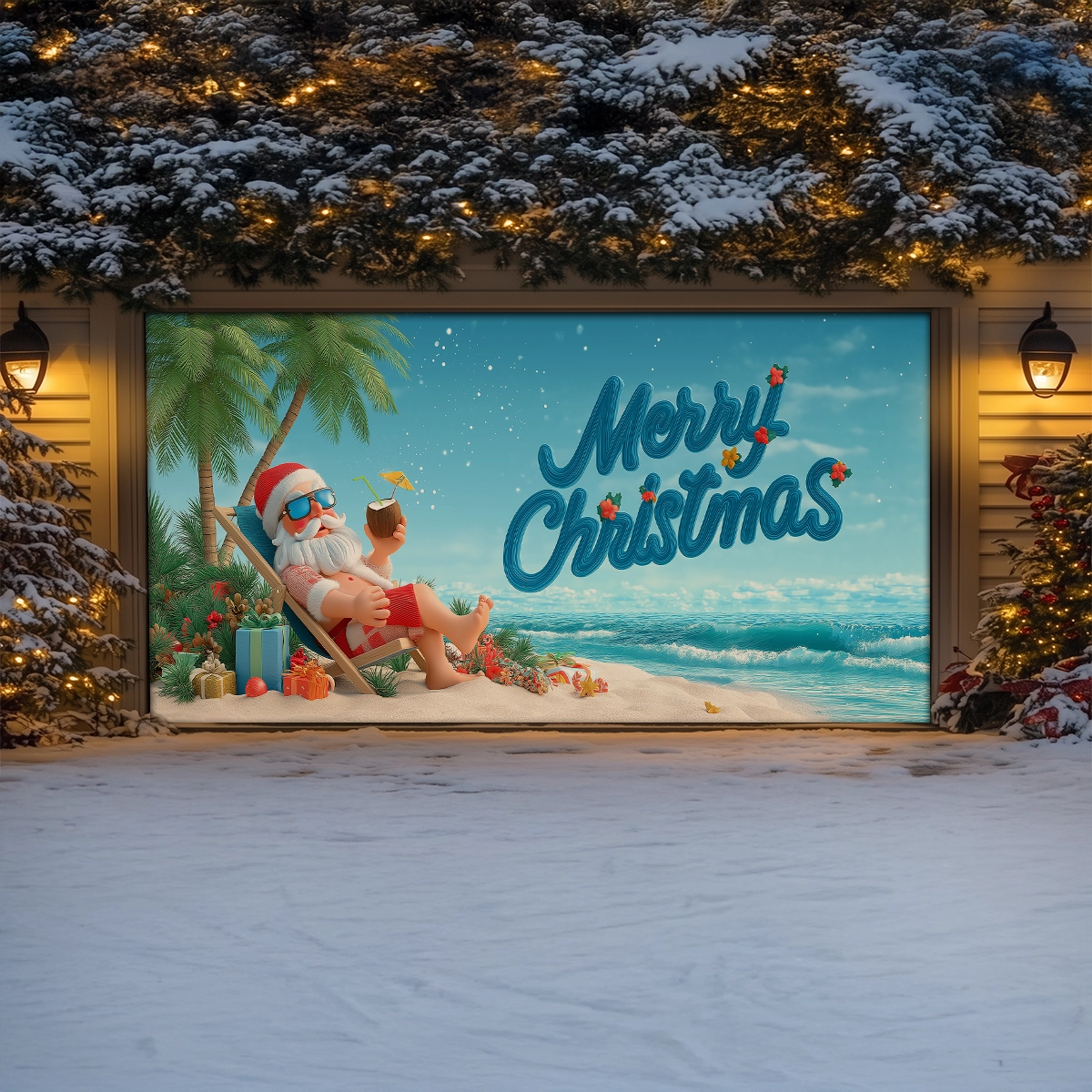 Shineful Garage Door Banner Decoration Tropical Santa Beach Break