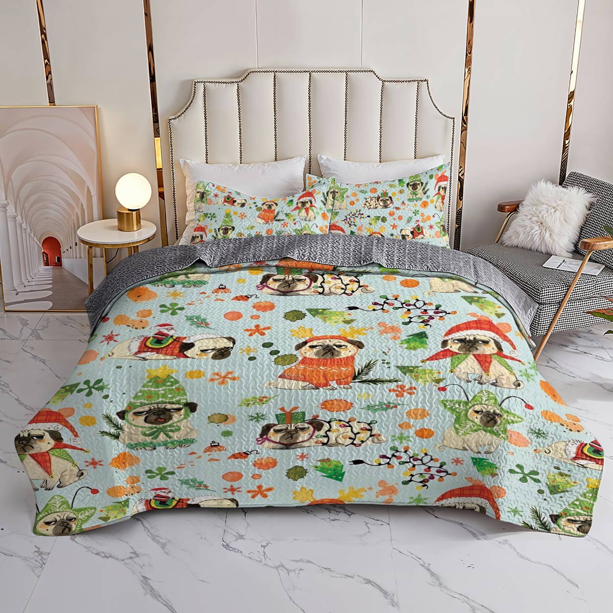 Shineful All Season Quilt 3-Piece Set Santa's Pugs