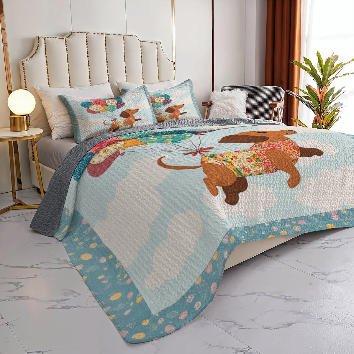 Shineful All Season Quilt 3-Piece Set Dachshund Balloon Ride