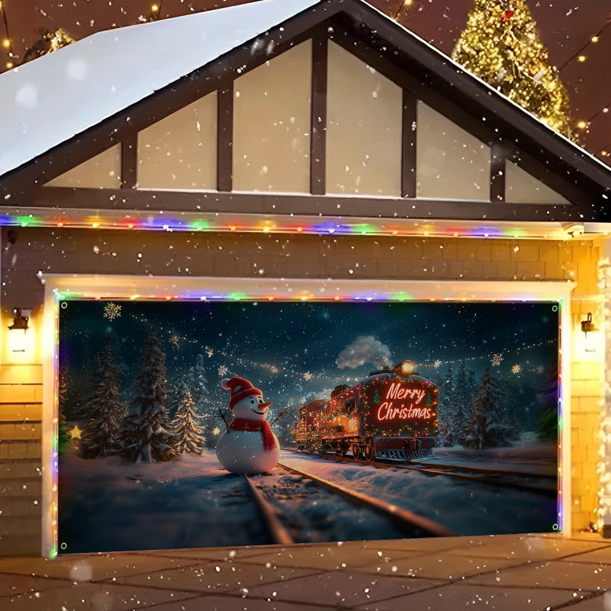 Shineful Garage Door Banner Decoration Snowy Christmas Train Journey