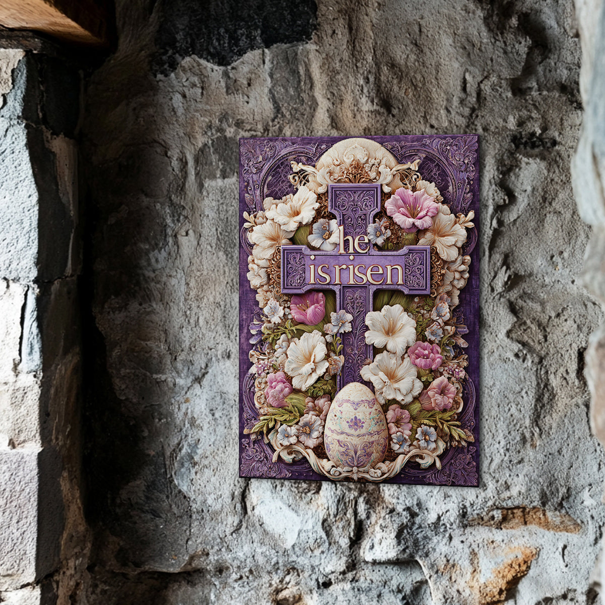 Shineful 2D Metal Sign Ornate Royal Cross “He Is Risen”