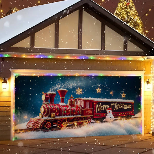 Shineful Garage Door Banner Decoration Merry Christmas Steam Engine