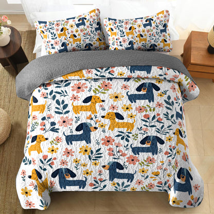 Shineful All Season Quilt 3-Piece Set Floral Cheerful Dachshund