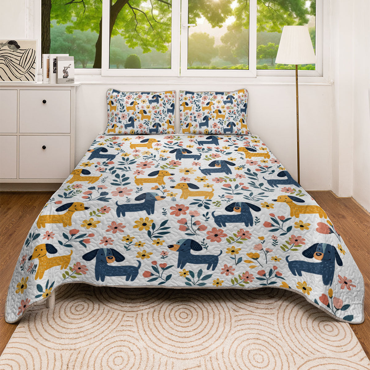 Shineful All Season Quilt 3-Piece Set Floral Cheerful Dachshund