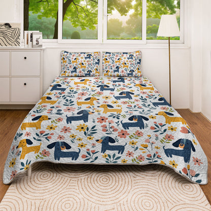 Shineful All Season Quilt 3-Piece Set Floral Cheerful Dachshund