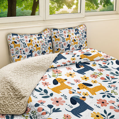 Shineful All Season Quilt 3-Piece Set Floral Cheerful Dachshund