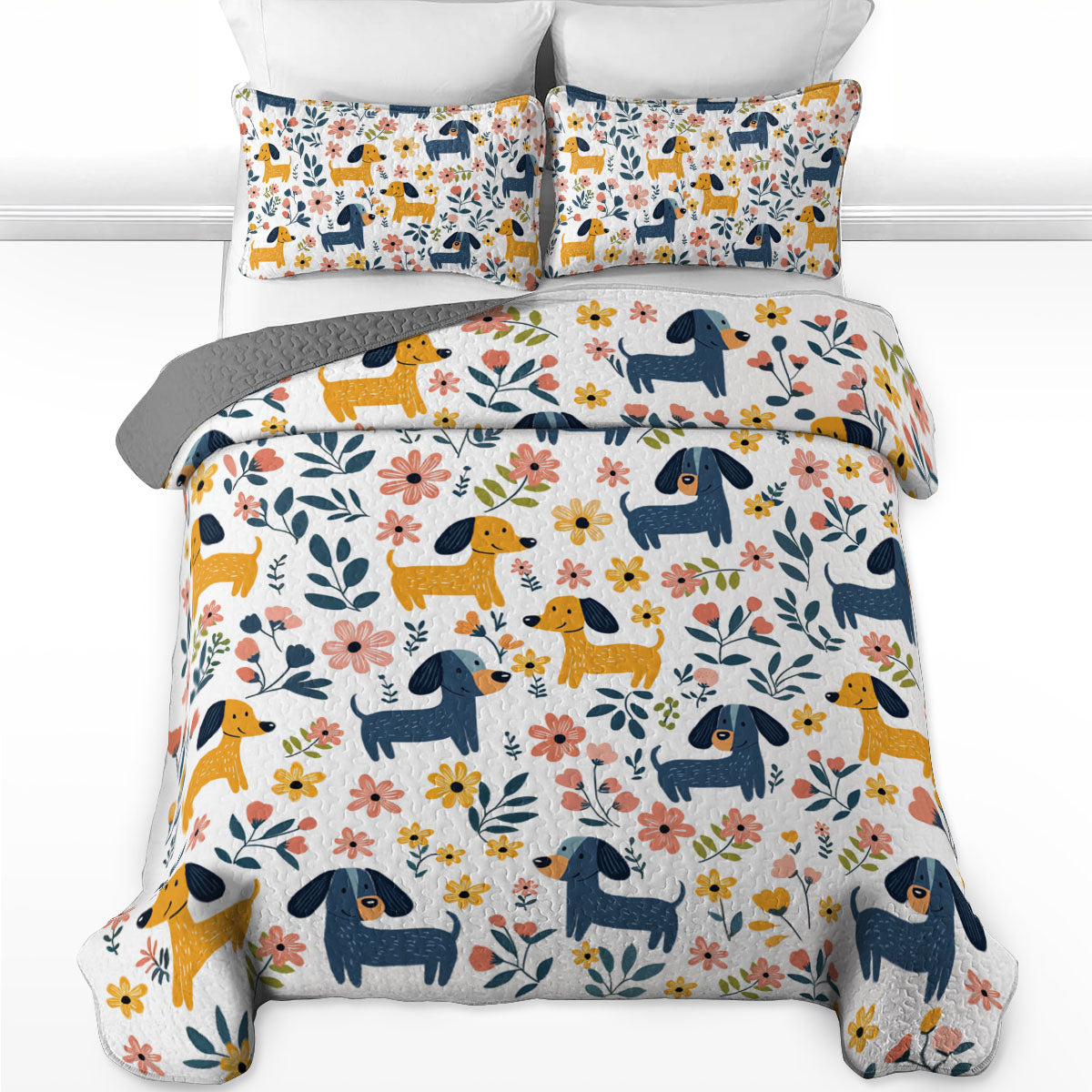 Shineful All Season Quilt 3-Piece Set Floral Cheerful Dachshund