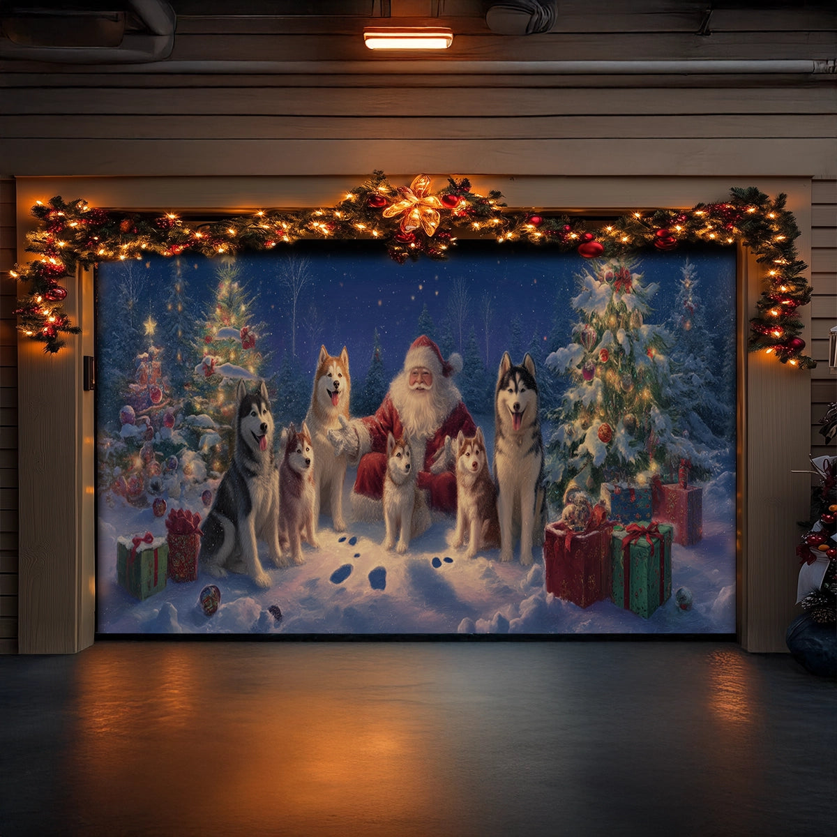Shineful Garage Door Banner Decoration Santa’s Husky Wonderland