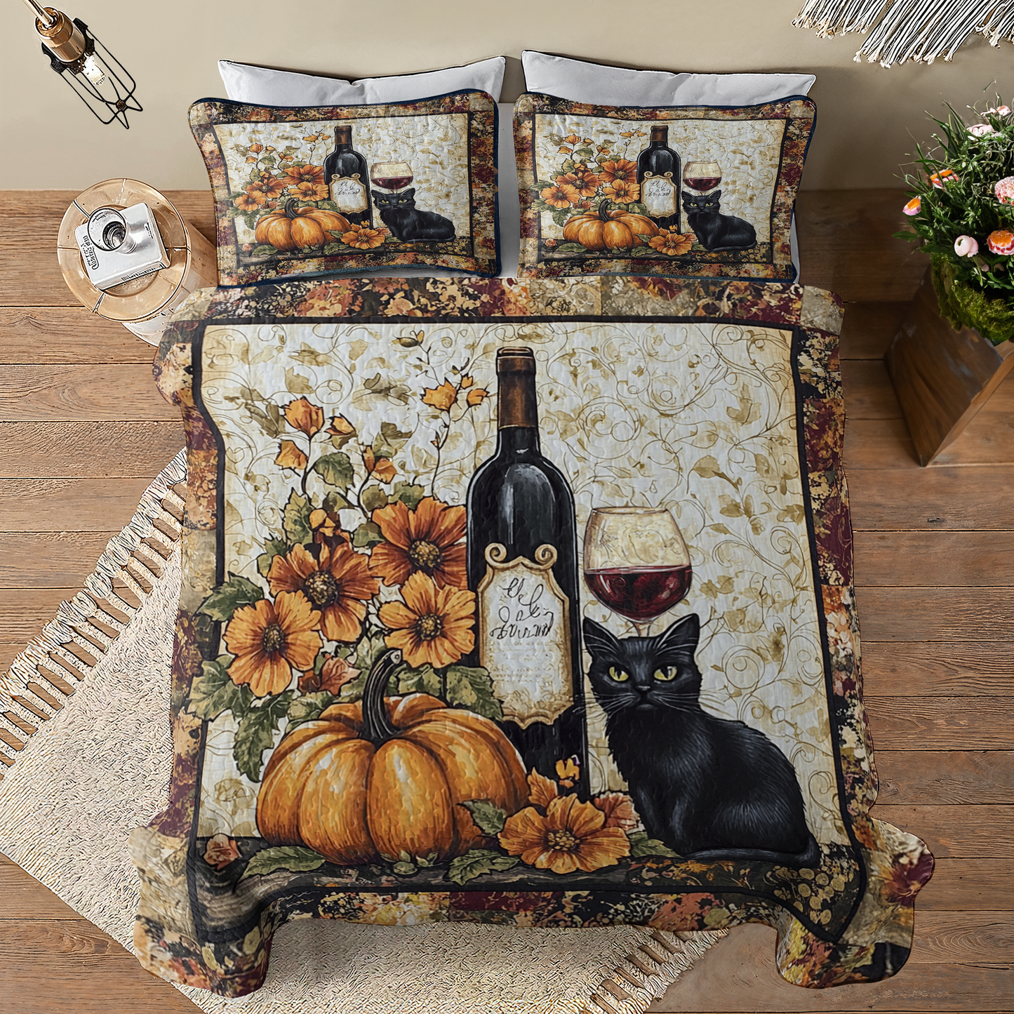 Shineful All Season Quilt 3-Piece Set Elegance Black Cat Wine Lovely