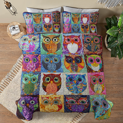 Shineful All Season Quilt 3-Piece Set Colorful Owls World
