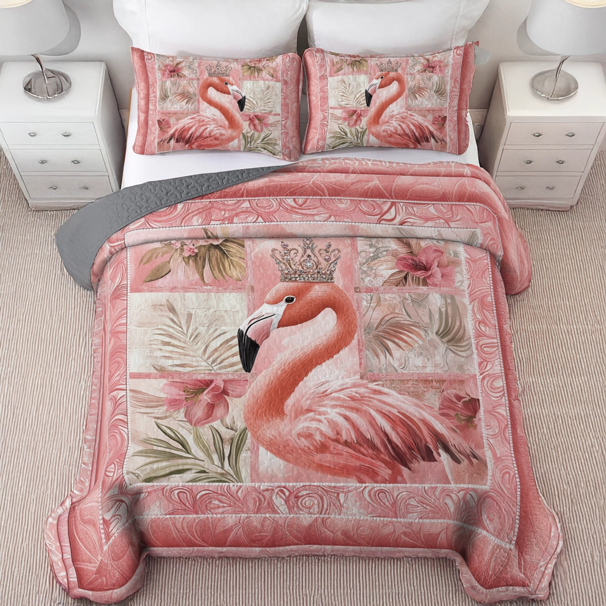 Shineful All Season Quilt 3-Piece Set Royal Flamingo Bliss
