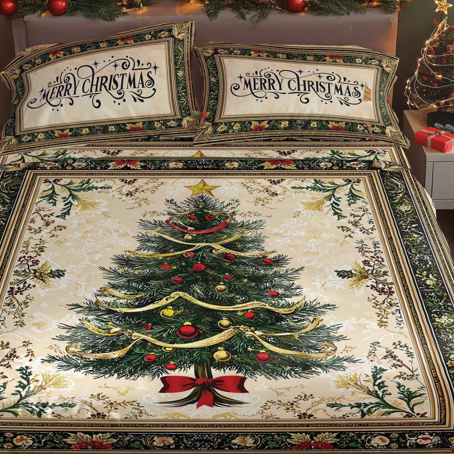 Shineful 4-Piece Bed Sheet Set - Classic Christmas Tree