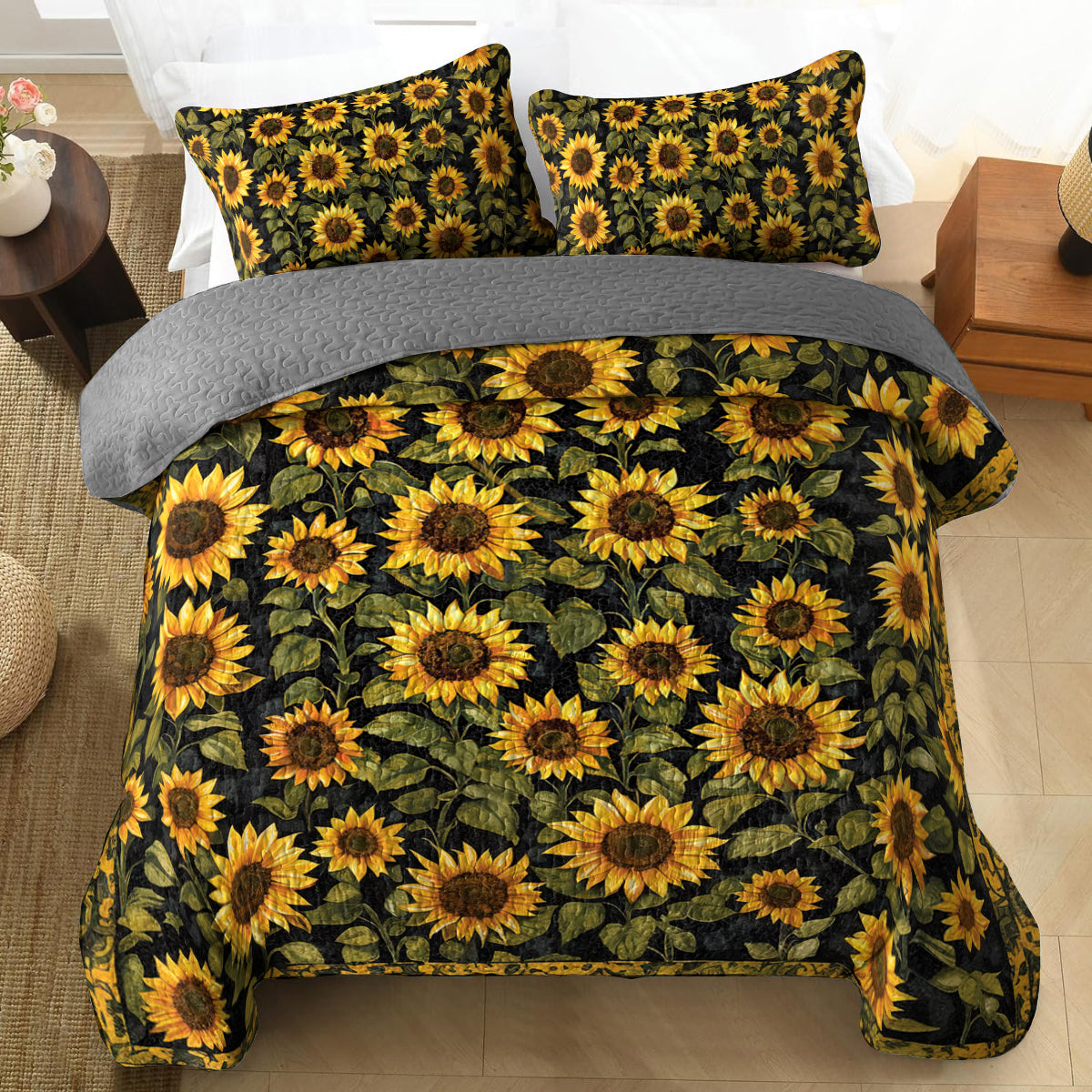 Shineful All Season Quilt 3-Piece Set Elegant Sunflower