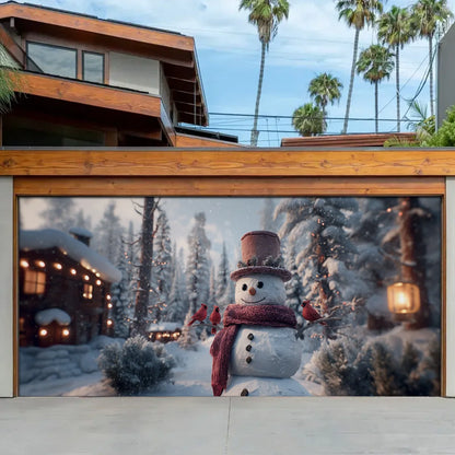 Shineful Garage Door Banner Decoration Snowman & Cardinals Winter Cabin
