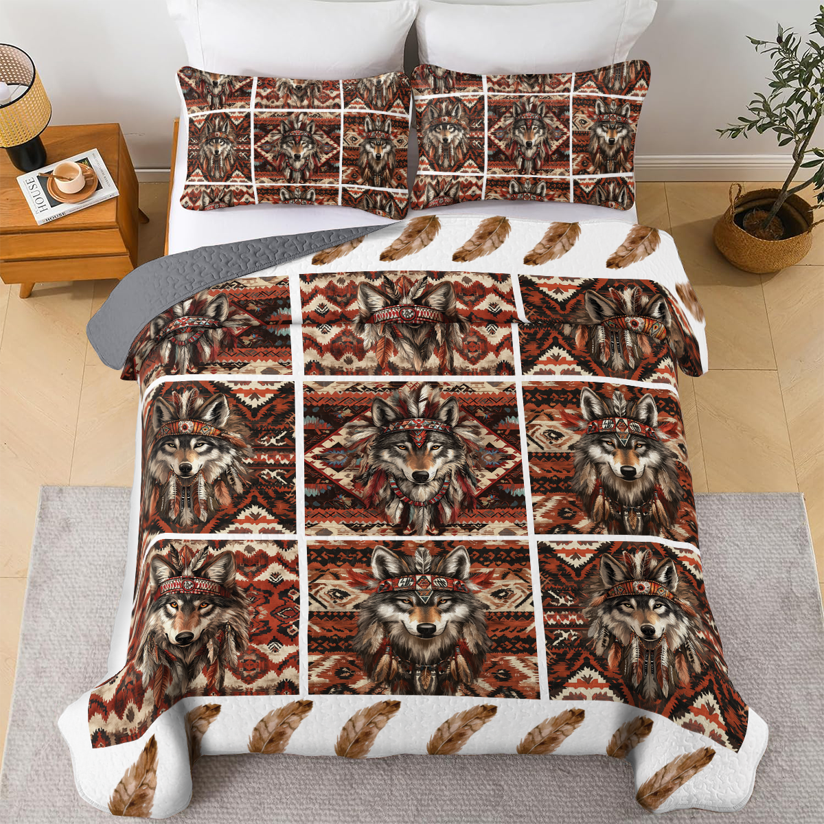 Shineful All Season Quilt 3-Piece Set - Native Wolf Pattern