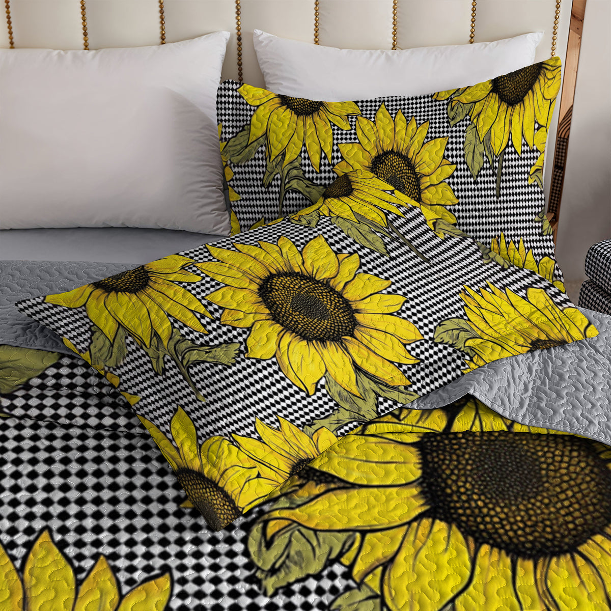 Shineful All Season Quilt 3-Piece Set Classic Sunflower And Plaid Pattern