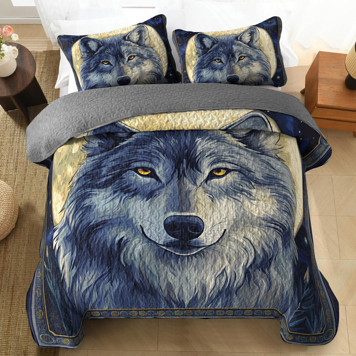 Shineful All Season Quilt 3-Piece Set Wolf In The Full Moon