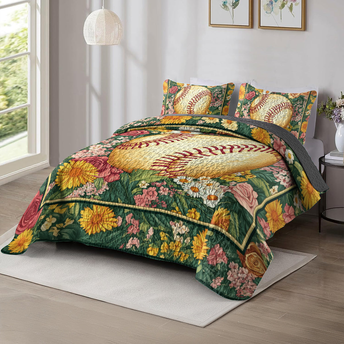 Shineful All Season Quilt 3-Piece Set Floral Softball Dream