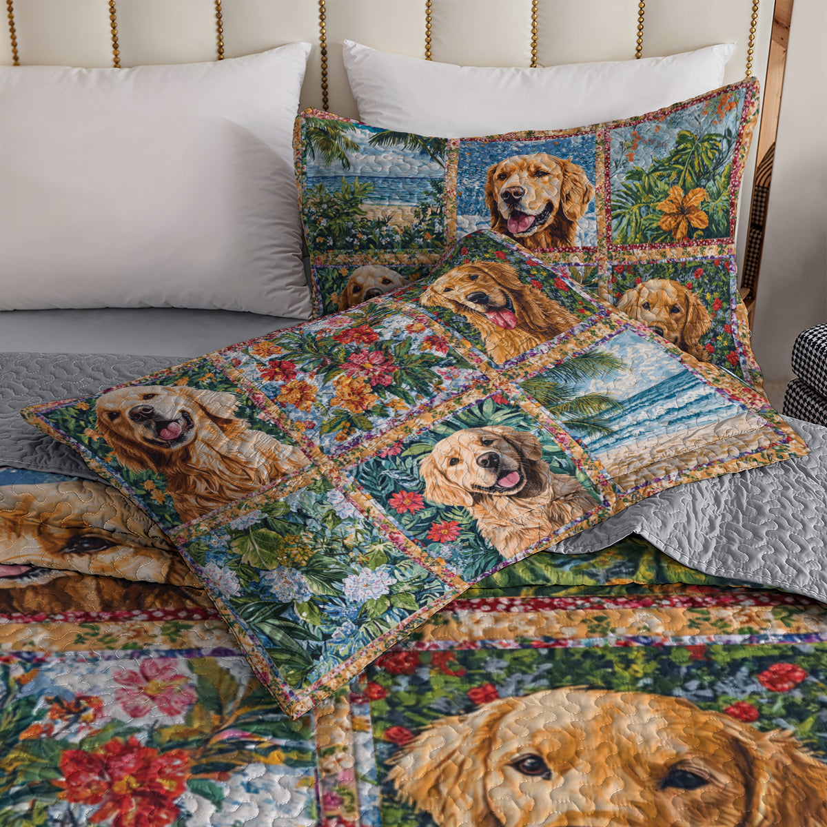 Shineful All Season Quilt 3-Piece Set  Golden Retriever Beach & Floral