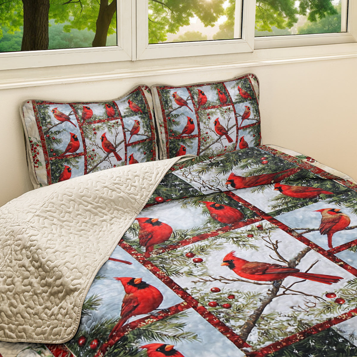 Shineful All Season Quilt 3-Piece Set Cheerful Cardinal Patchwork