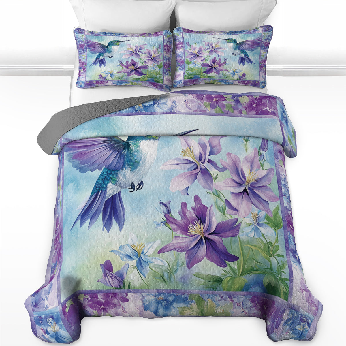 Shineful All Season Quilt 3-Piece Set Hummingbird & Purple Flower