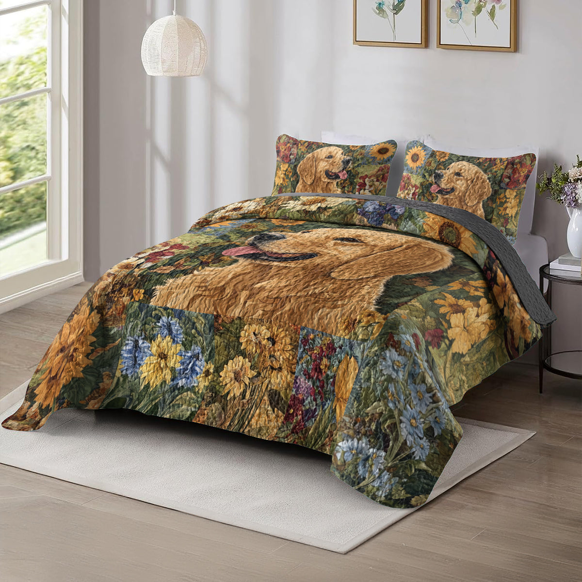 Shineful All Season Quilt 3-Piece Set Golden Retriever Floral Bliss