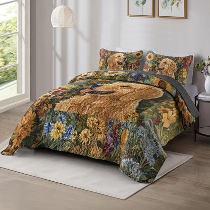 Shineful All Season Quilt 3-Piece Set Golden Retriever Floral Bliss