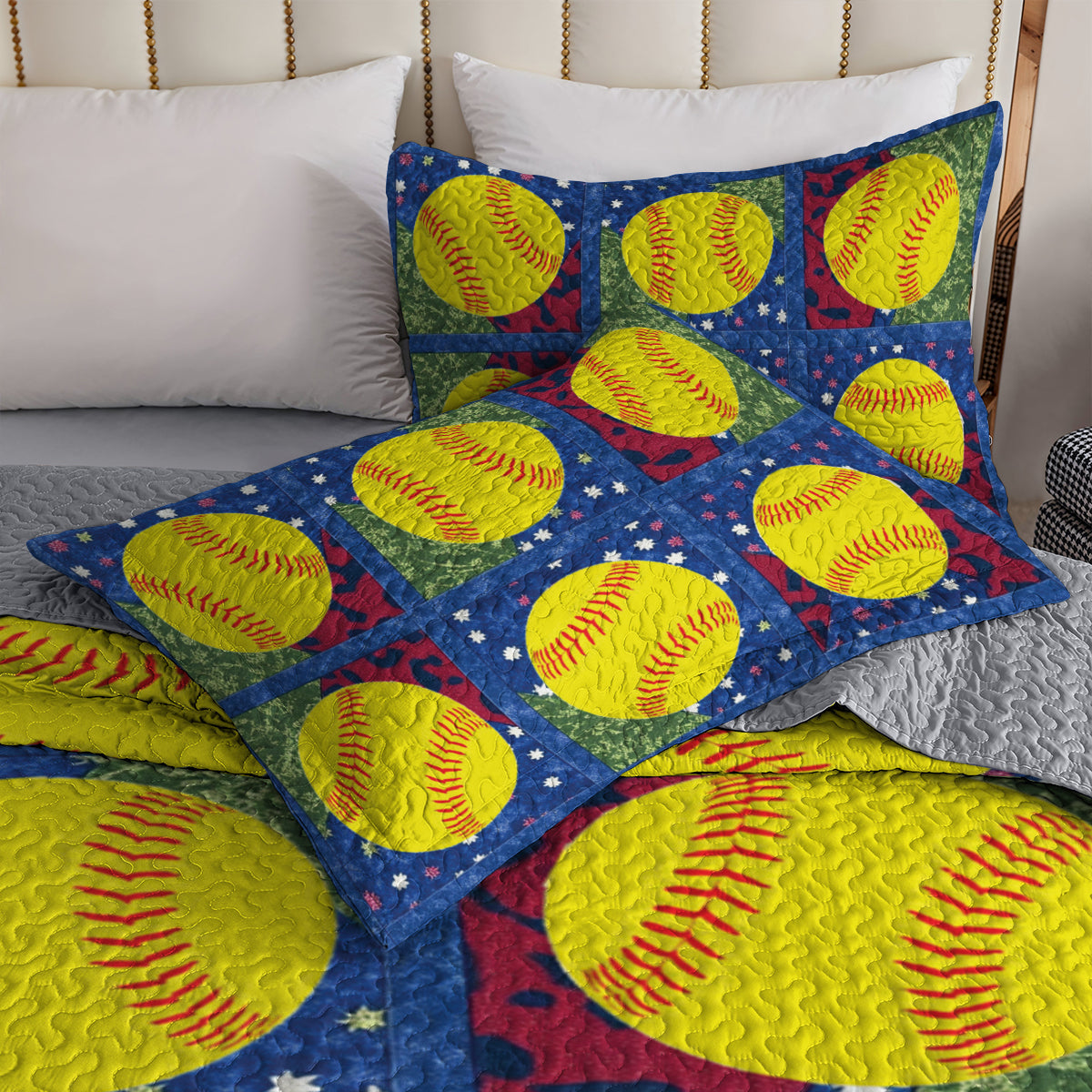 Shineful All Season Quilt 3-Piece Set Softball Patchwork