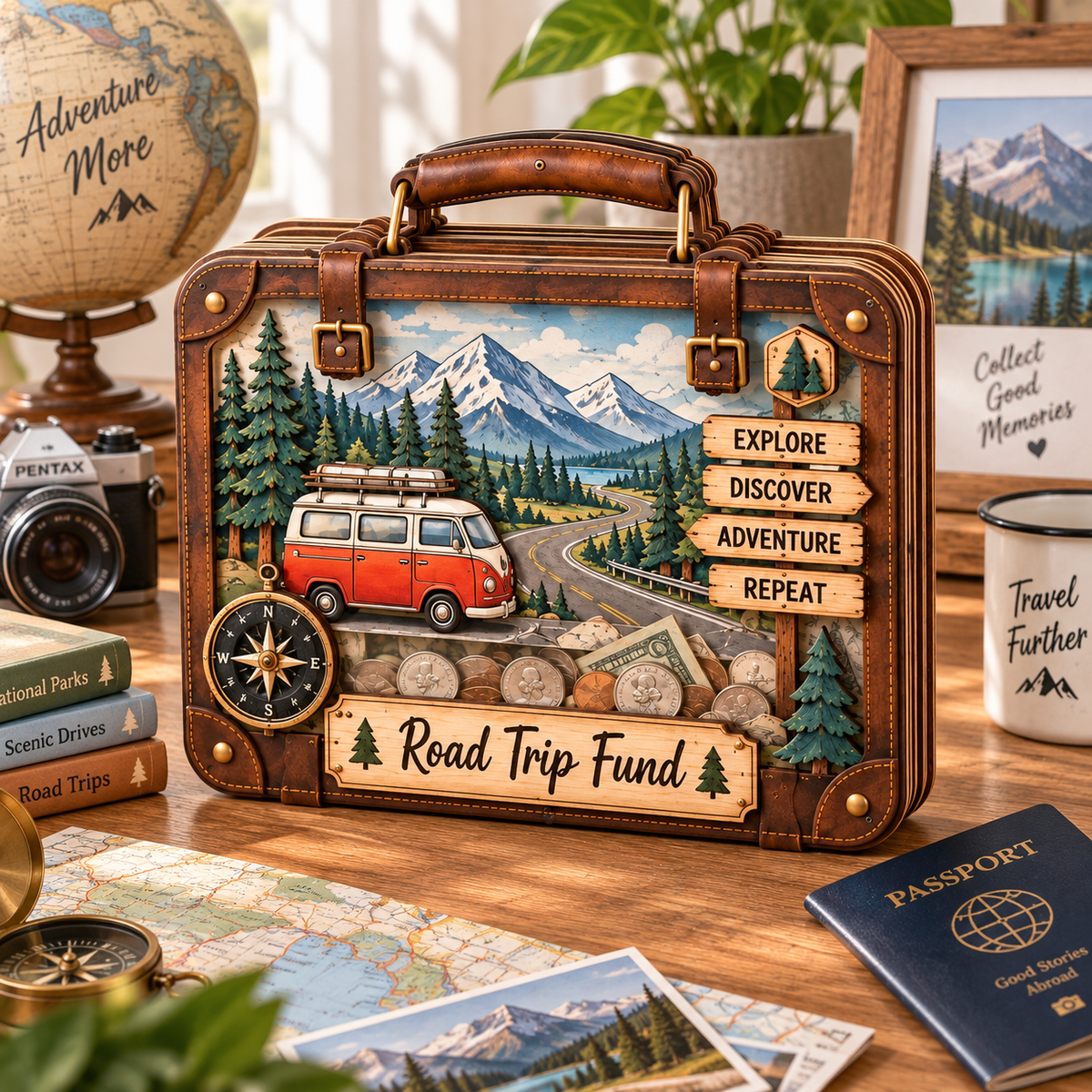 Road Trip Fund Wooden Coin Bank