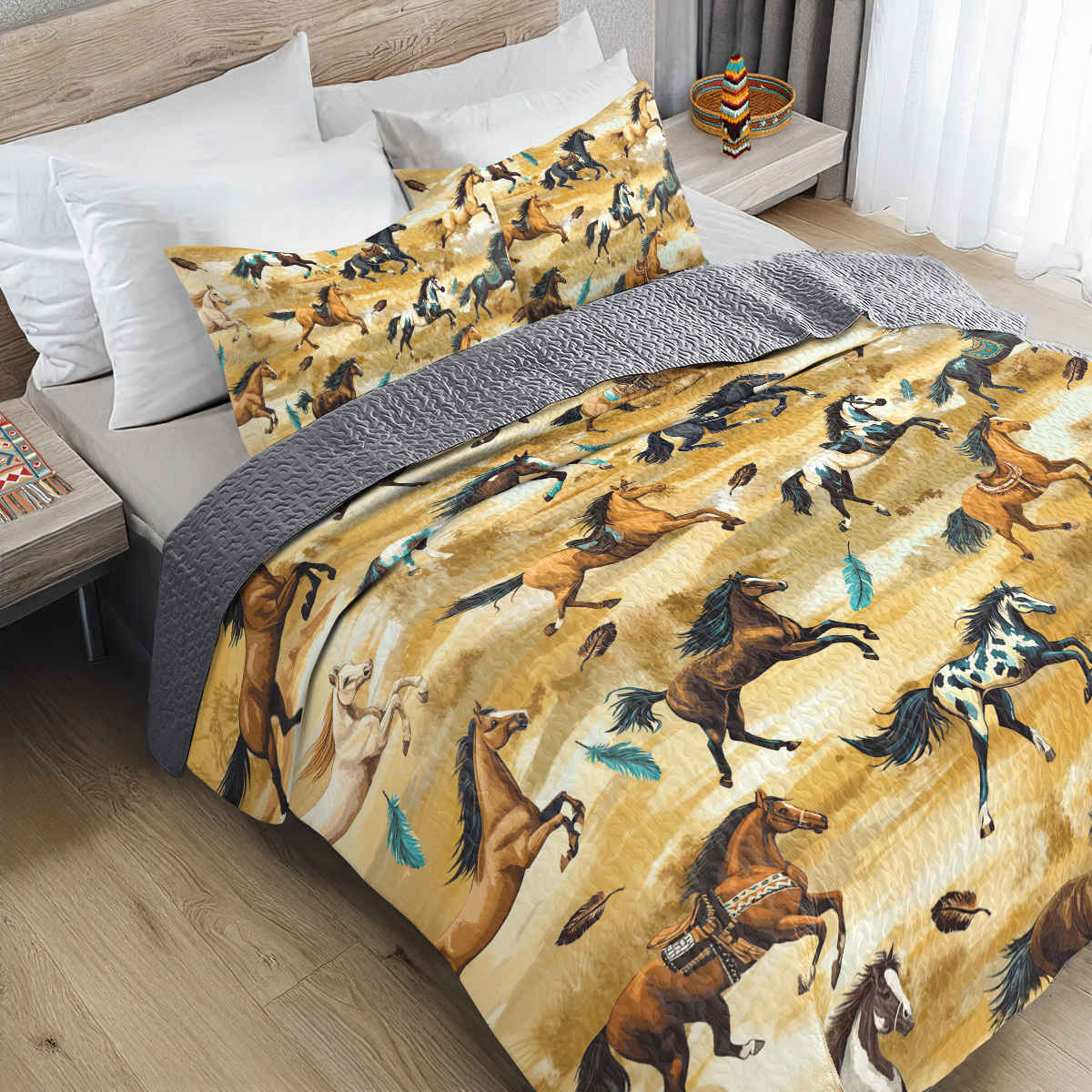 Shineful All Season Quilt 3-Piece Set Galloping Tribal Steeds