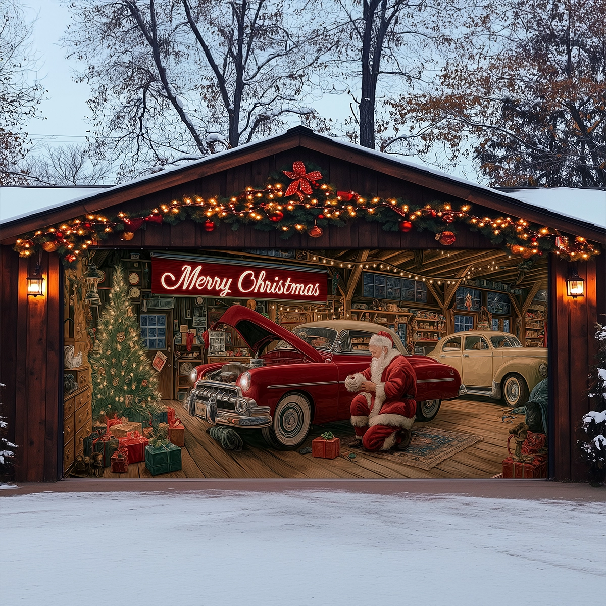 Shineful Garage Door Banner Decoration Santa’s Classic Car Workshop