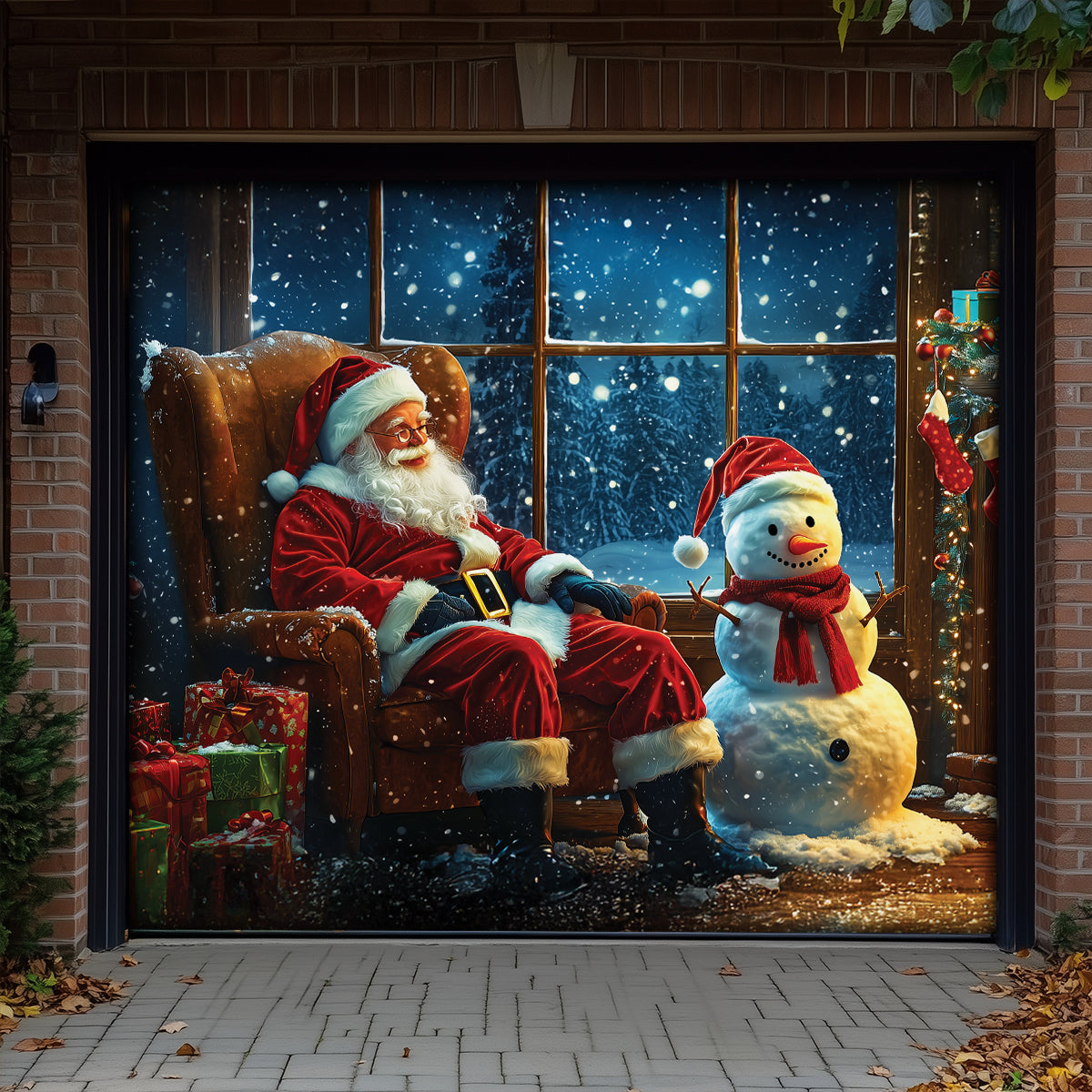 Shineful Garage Door Banner Decoration Snowy Night With Santa Claus
