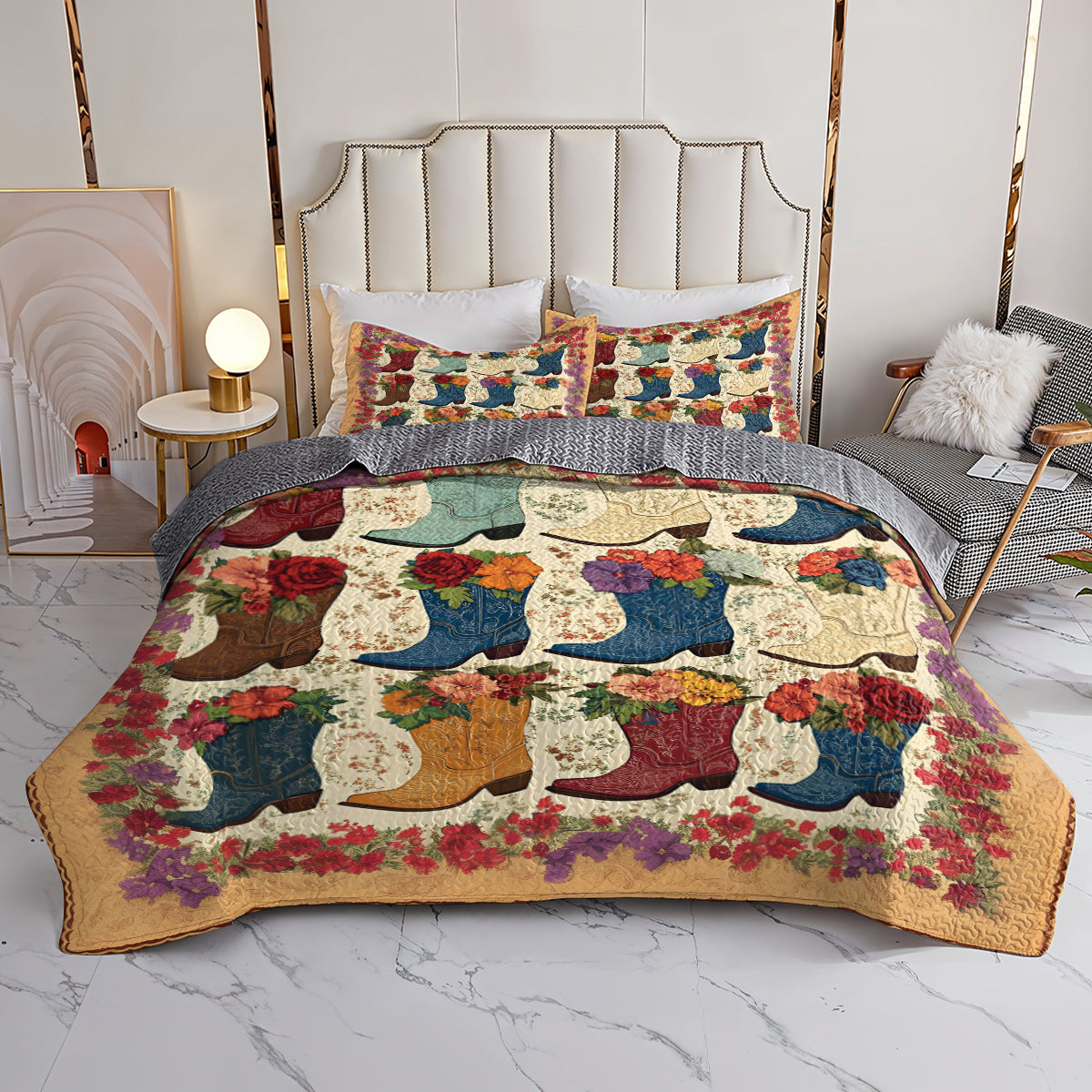 Shineful All Season Quilt 3-Piece Set Cowboy Boots And Flowers Pattern
