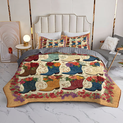 Shineful All Season Quilt 3-Piece Set Cowboy Boots And Flowers Pattern