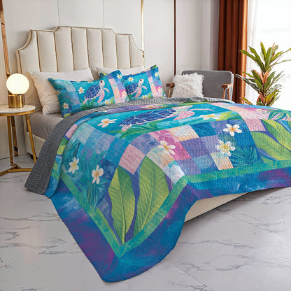 Shineful All Season Quilt 3-Piece Set Plumeria Sea Turtle