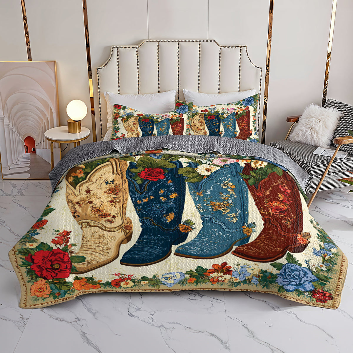 Shineful All Season Quilt 3-Piece Set Cowboy Boots And Flowers
