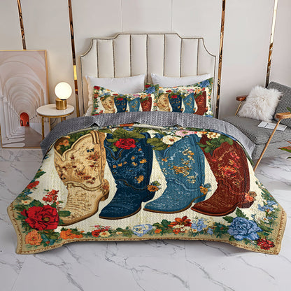 Shineful All Season Quilt 3-Piece Set Cowboy Boots And Flowers