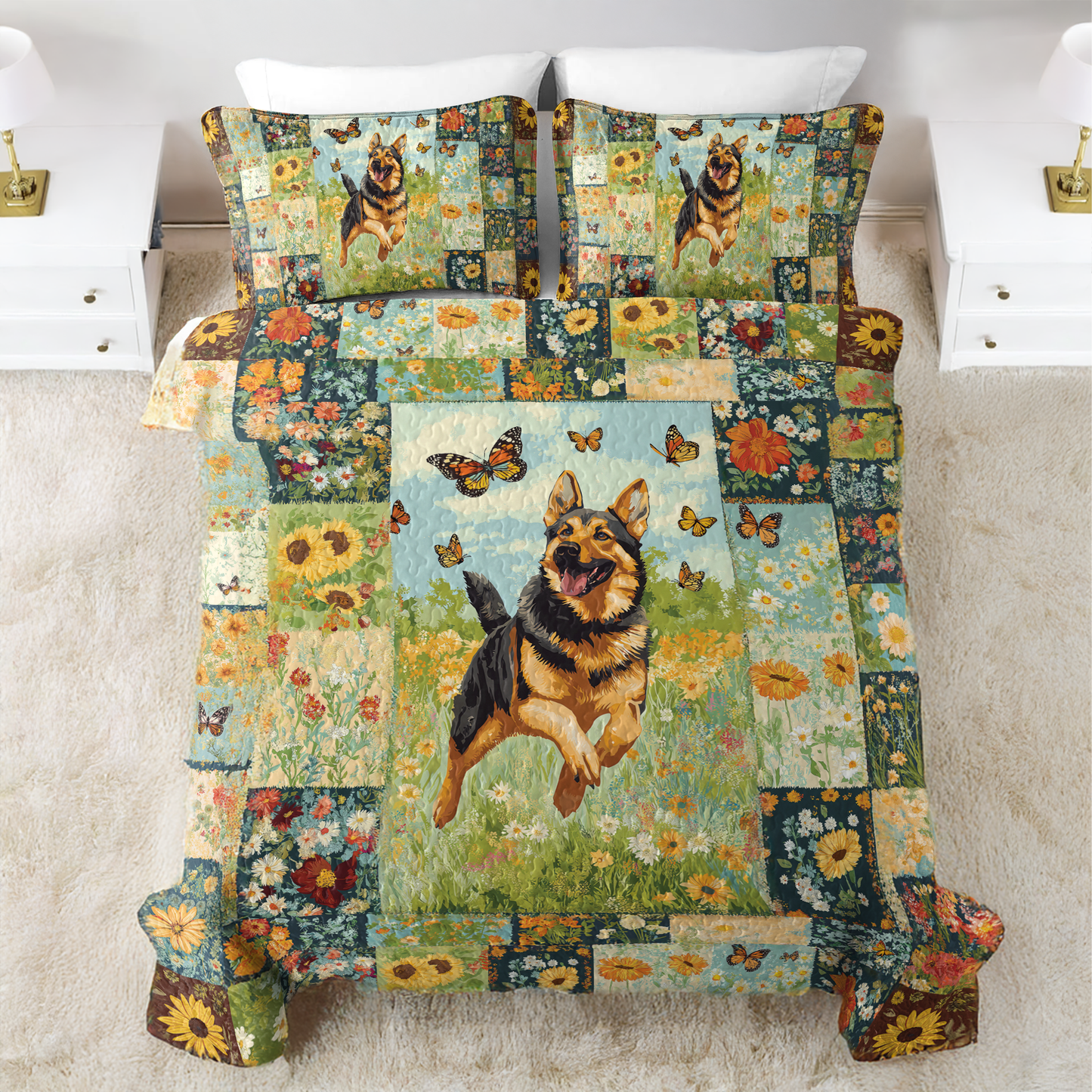 Shineful All Season Quilt 3-Piece Set Butterfly Chase German Shepherd